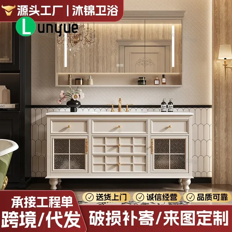 French Retro Oak Bathroom Cabinet with Corian Integrated Basin and Rock Slab Washstand Modern Vanity Unit for Home Bathroom