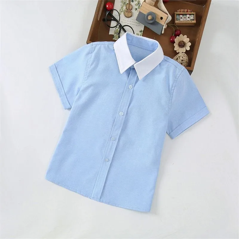 Kids Summer School Uniform Blue White Collared Short Sleeve Shirt Primary School Uniforms For Boys Girls