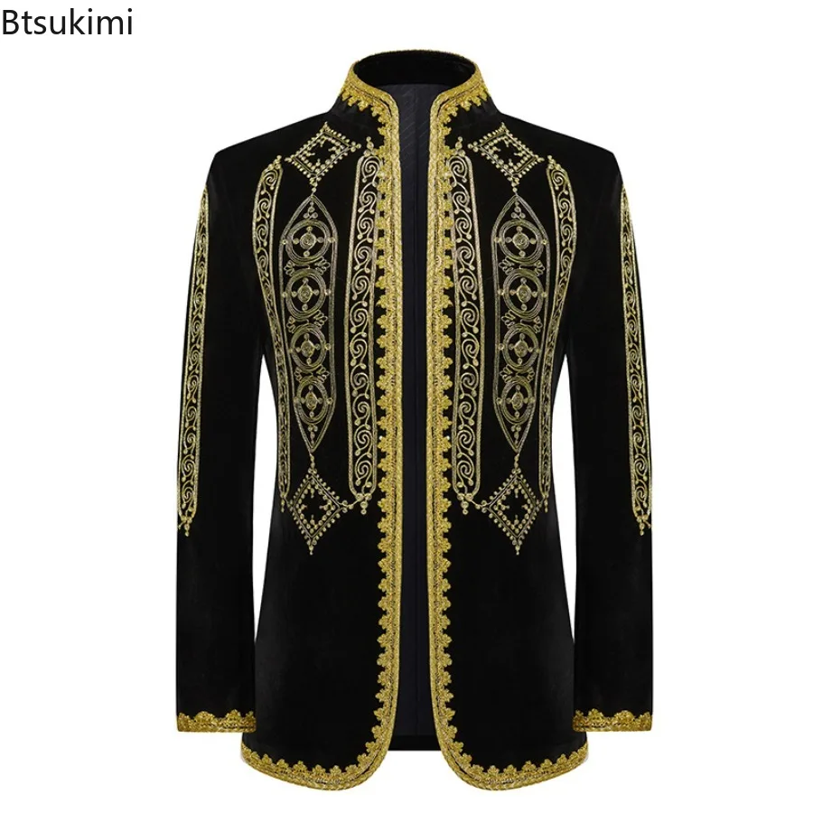 2026 Men's Luxury Embroidered Suit Jacket Slim Cardigan Coats Fashion Stand Collar Court Wedding Banquet Party Dress Tuxedo Male
