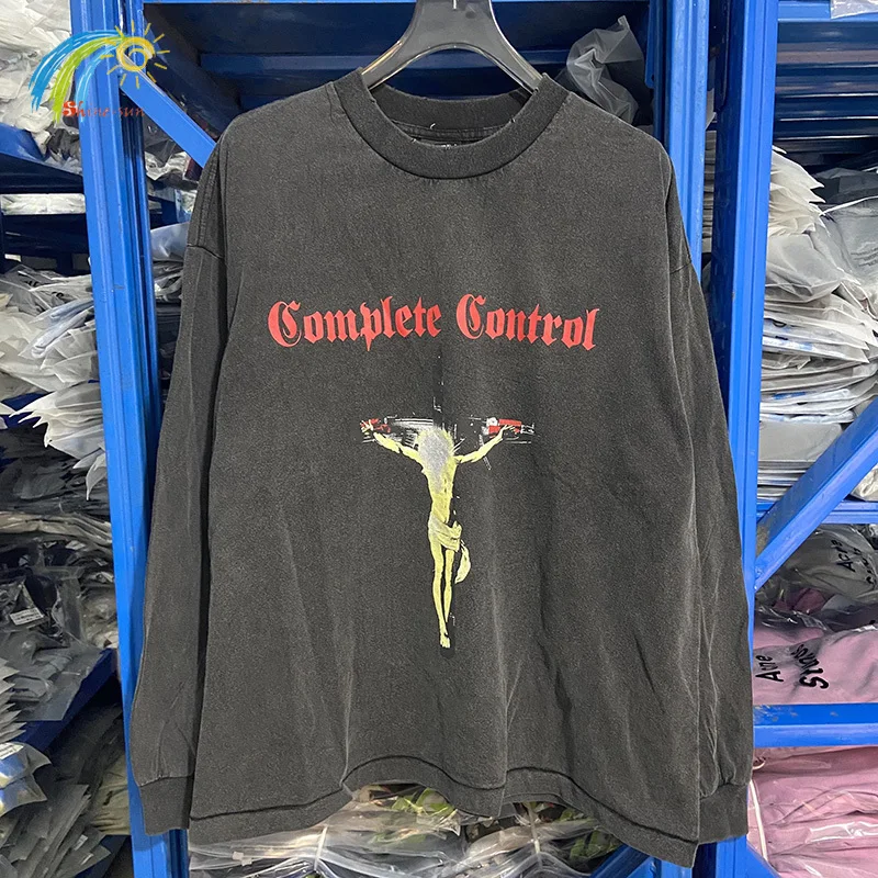 

Cross Jesus Print Saint Long-Sleeved T Shirt Men Women High Street Vintage Washed Black Damaged Hole T-Shirt Oversize Cotton Top
