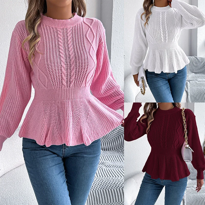 Solid Fried Dough Twists Waistband Ruffle Long Sleeved Pullover Sweater A Shape Covers The Belly And Looks Thin