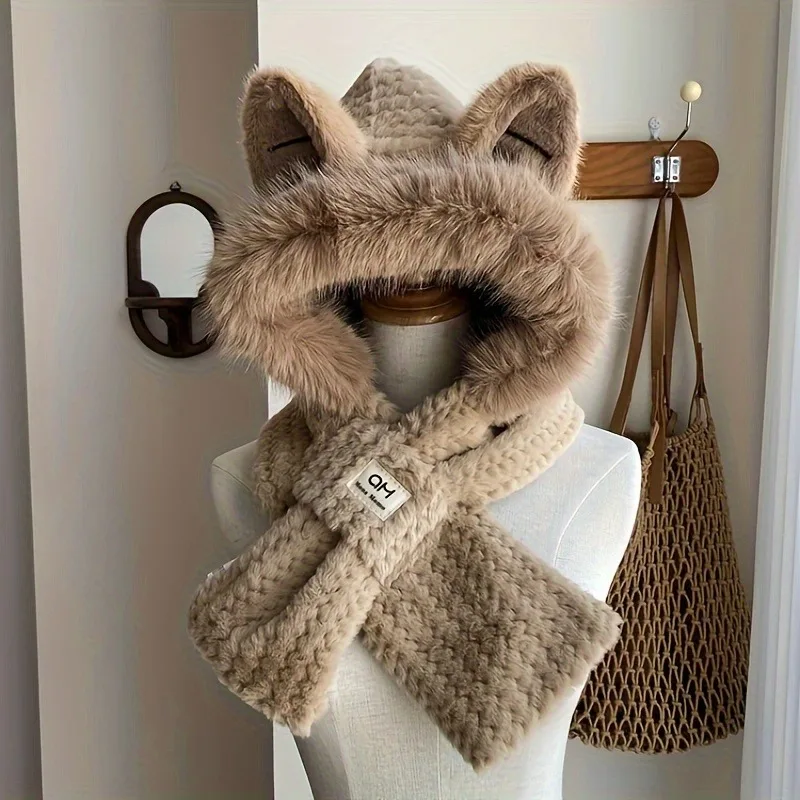 Nette Katze Ohr Hut Schal Frauen Mädchen Plüsch Winter Schal Kappe Set Dicke Warme Faux Pelz Hut Schals Hals Wärmer Outdoor Winddicht Acc