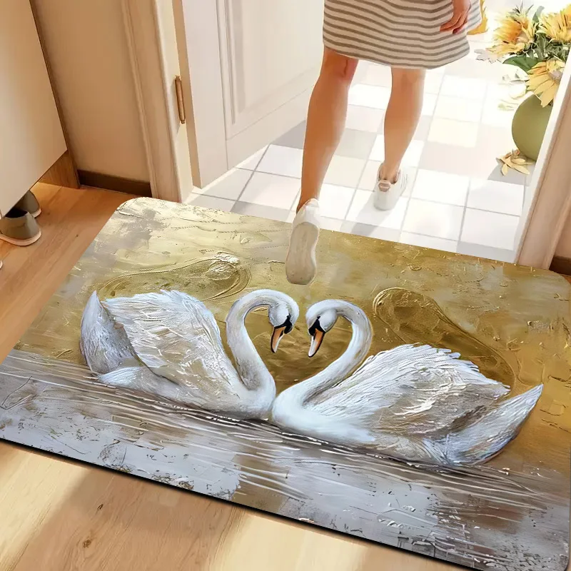 1pc Golden Background Swan Heart DoorMat, Non-slip Carpet, Suitable for Living Room, Bedroom, Bathroom, Holiday Home Decoration