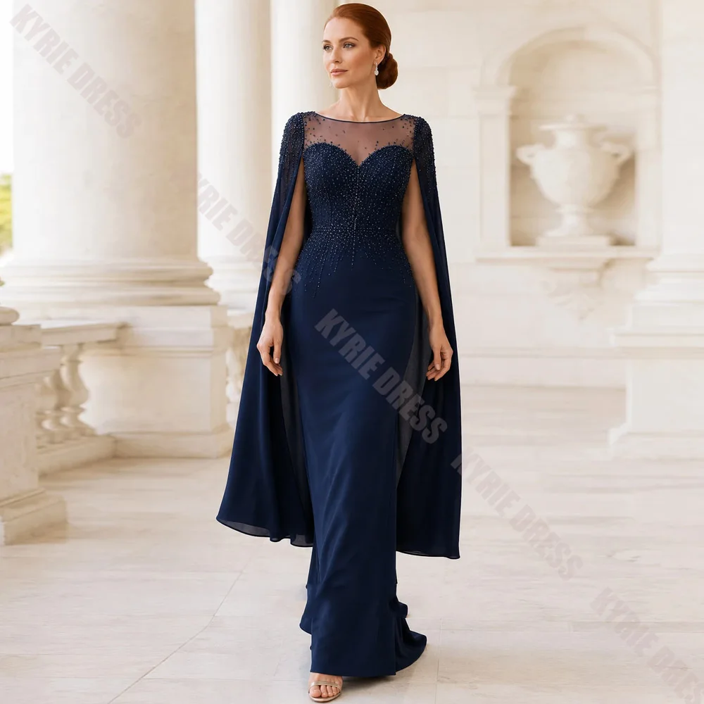 Customized Mother of The Bride Dresses Cape Sleeves Boat Neck Beading Mermaid Chiffon Women's Wedding Guest Party Evening Gowns