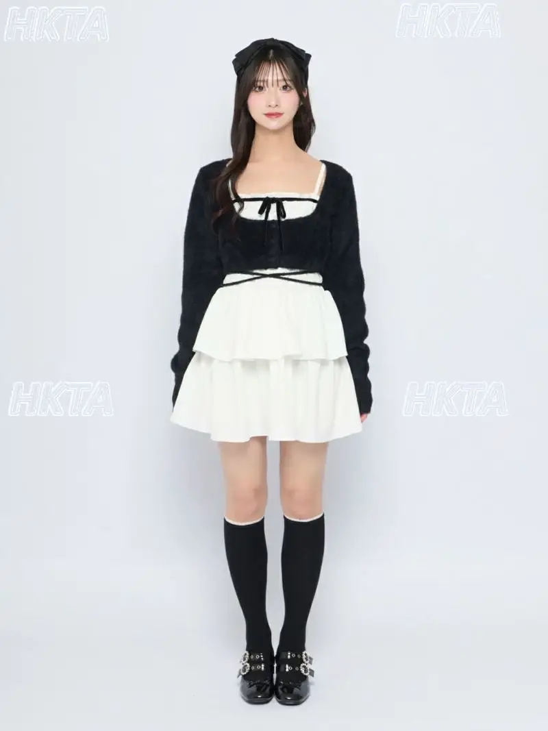 Japanese Summer Casual Sweet Cute Bow Strap Square Neck Ruffle Suspender Cake Dress Black Short Top Lolita Two Pieces Sets Women