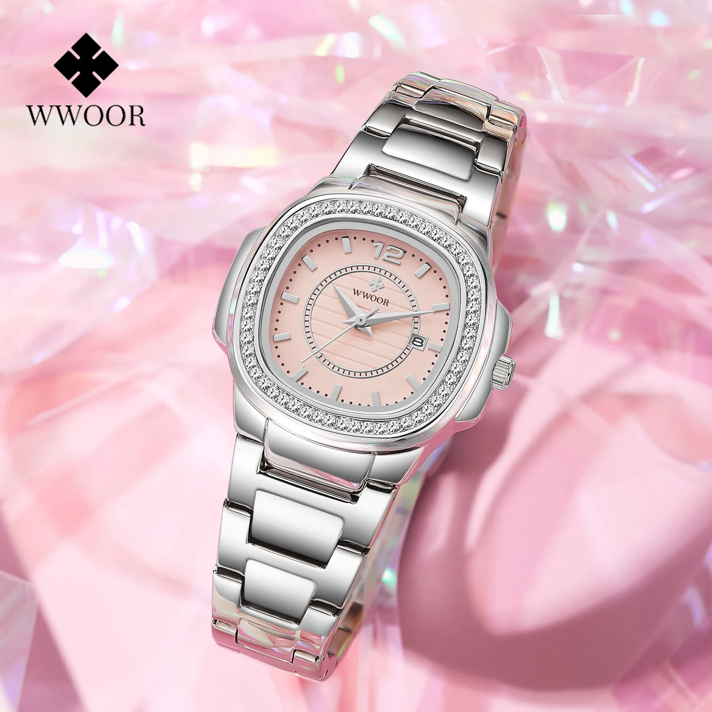 WWOOR Women Watch Stainless Steel Pink Simple Waterproof Ladies Watches Elegant Diamond Women Quartz Bracelet Watches Date Clock