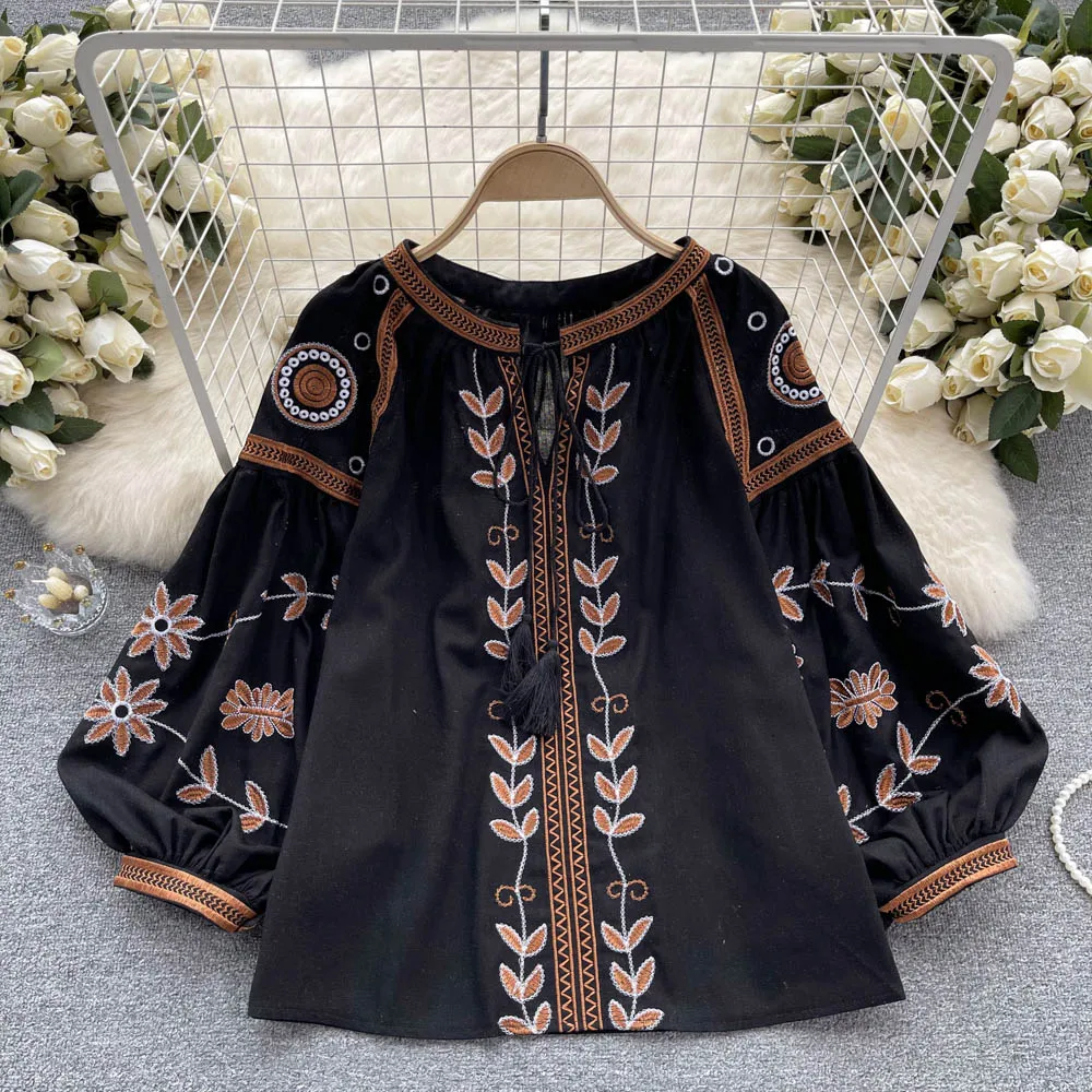 

Heavy Embroidery Long Sve Loose Bubble Shirt Women Korean Commute Round Neck Tie Drape Ethnic Design Sense
