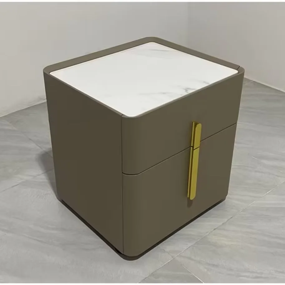 Modern Nordic Simple Square Nightstand Smoky Color Wooden Luxury Home Office Bedroom Storage 2 Drawers
