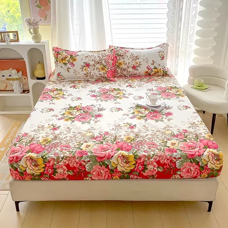 Red Flower Printed Bed Sheet Sets Queen/King Size matrimonial Reactive Printed Fitted Bedsheets for Double Bed