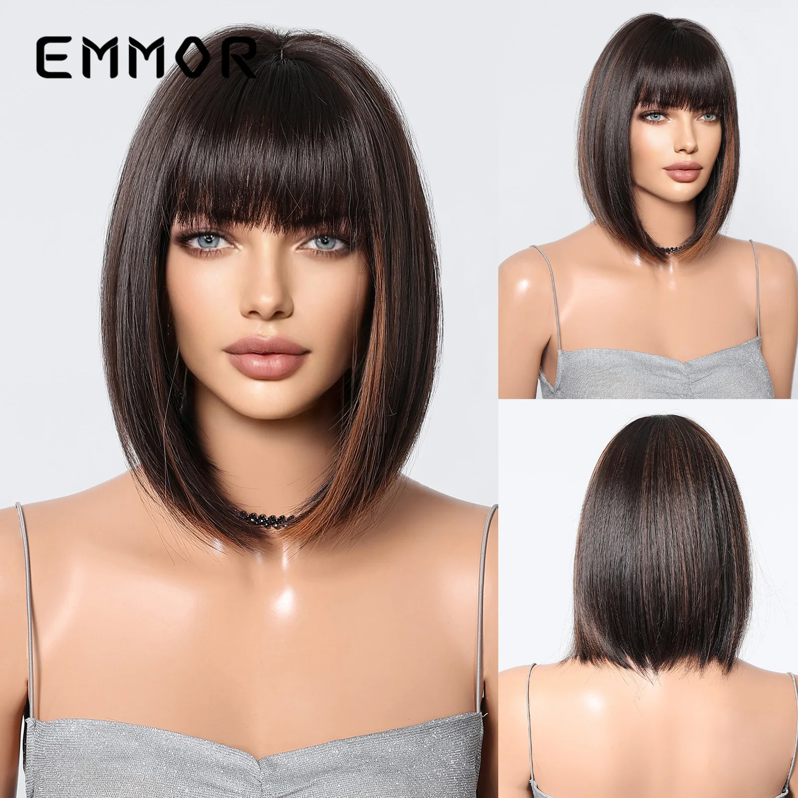 European American Women Bob Wig with Straight Bangs, Lightweight Breathable Full Head Wig Multiple Colors Available
