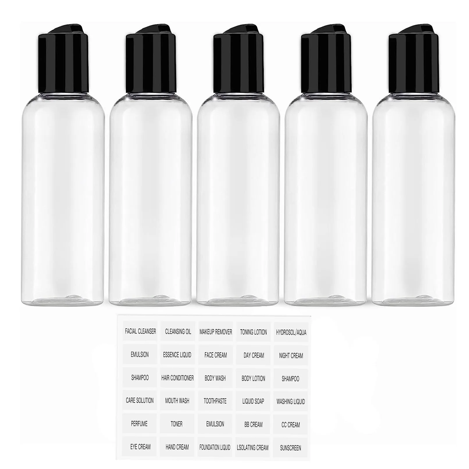 5PCS 100ML Refillable Empty Plastic Transparent Bottle with Flip Cap Portable Squeeze Shampoo Conditioner Travel Bottles