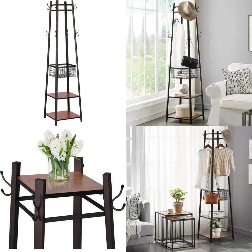 

Industrial Entryway Coat Rack with 2-Tier Storage Shelves and 8 Dual Hooks, Brown and Black