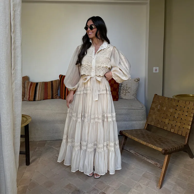 

Casual Hollow Out Embroidery Pleated Dress Women Urban Lantern Sleeve Button Lace Up Female Dresses 2025 Summer A-line Lady Robe