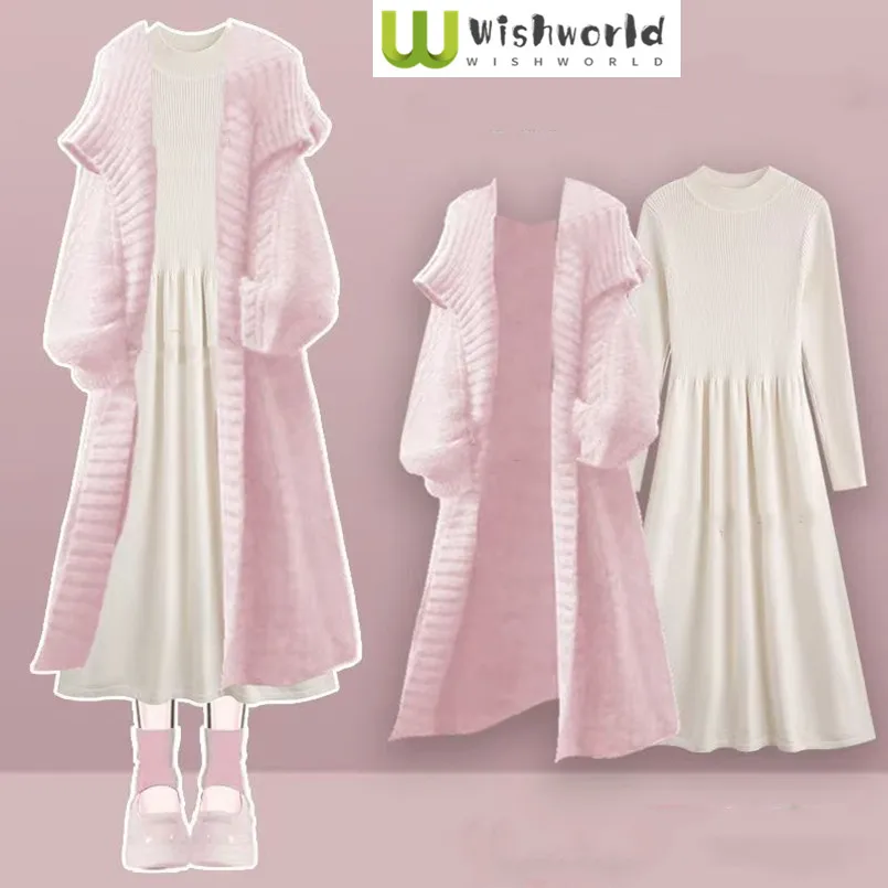 

Fashion and Casual Women's Set 2025 New Loose Knitted Cardigan Jacket+long Sleeved Dress Two-piece Set