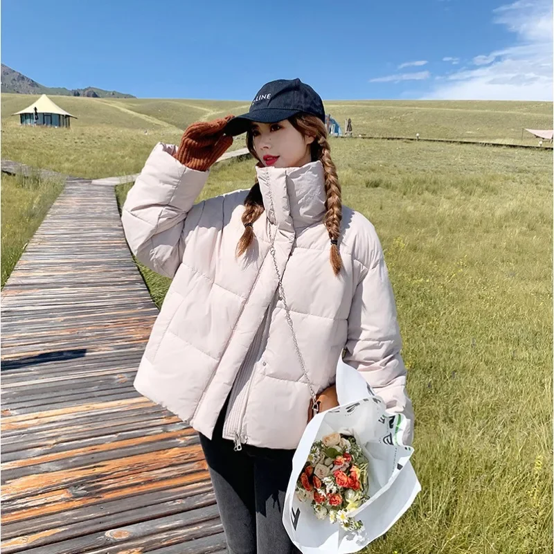 أزياء مزيج اللون سترات المرأة التلبيب زر مخفي أنماط قصيرة تصميم رشاقته معاطف الشتاء فضفاضة سستة سترة امرأة دافئة