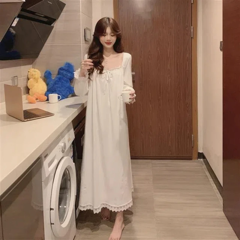 New Nightgown Sleepwear for Women in Spring Autumn Winter French Sweet Ong White Long Sleeved Loungewear Sleepshirts dresses