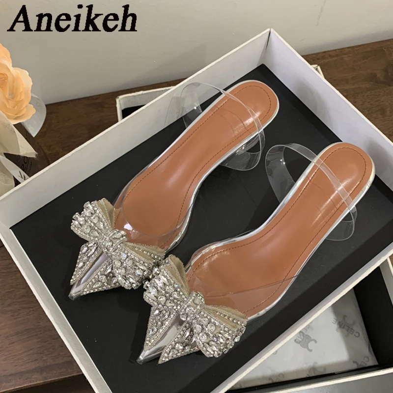 Aneikeh Silvery Transparent Spike Heels Sequin Rhinestone Women Slingbacks Pumps PVC Sexy Pointed Toe High Heels Shoes Ladies