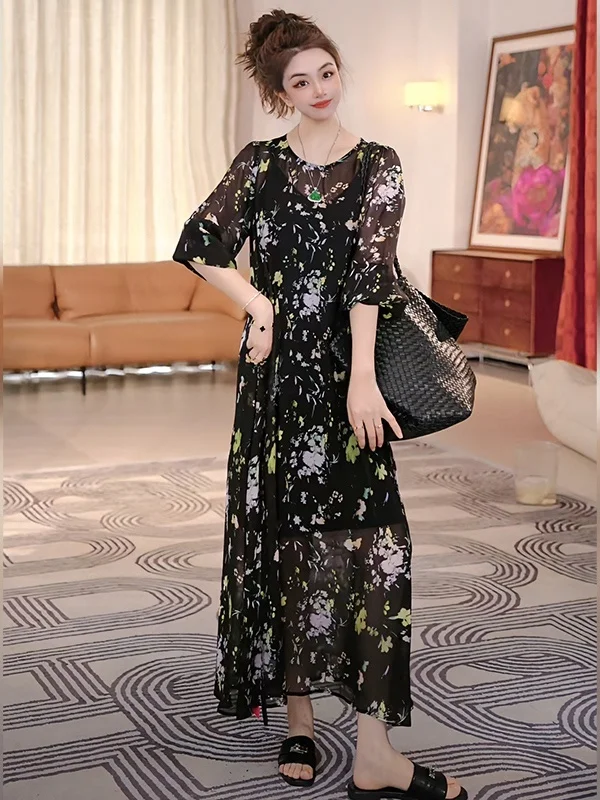 

Ele Vintage Summer New Arrival Dr High Waist A-Line Skirt Long Sve round Ne Print High Quali Women's Dr