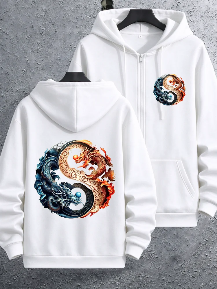 Streetwear Yin Yang Dragon Emblem Mens Zip Up Fleece Hoodies Warm Winter Casual Athletic Gym Sweatshirt Loose Workout Jacket