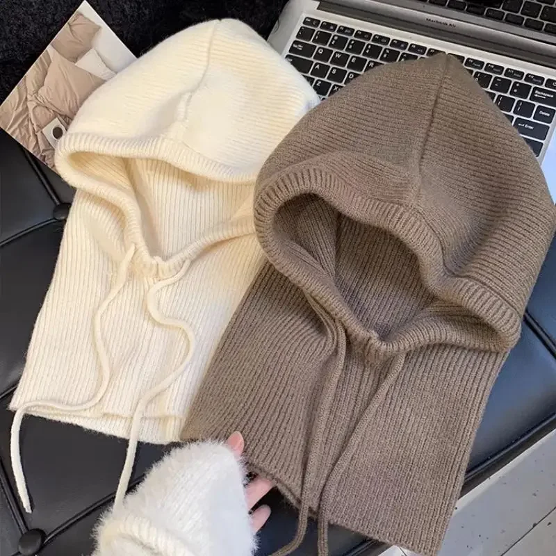 Chaud unisexe réglable extensible à capuche écharpe tricot chapeau coupe-vent cou couverture pour hommes femmes hiver bonnet avec bande élastique