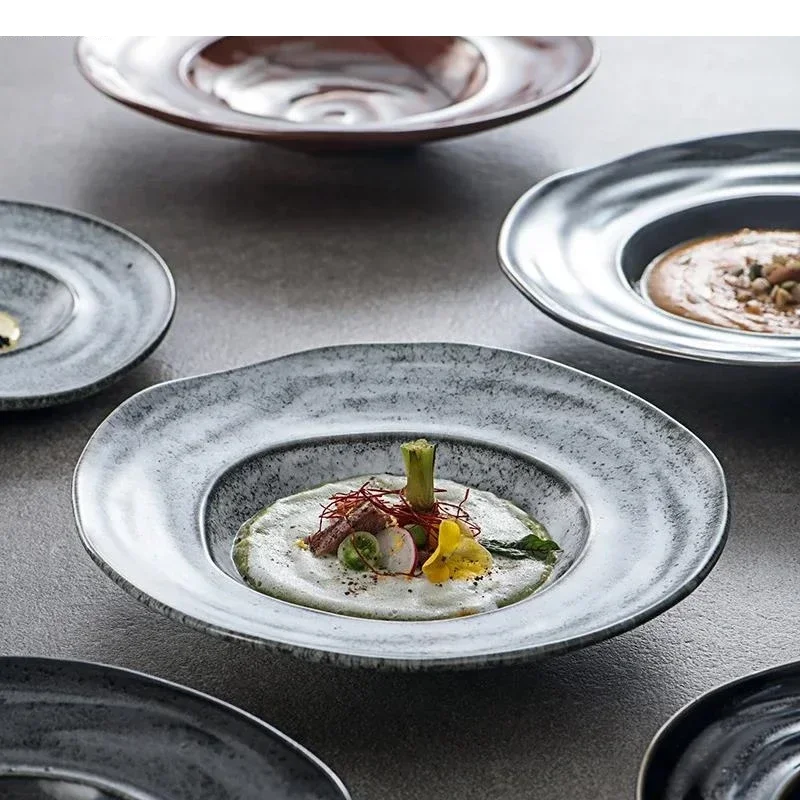 

Retro Irregular Ceramic Deep Plate Thick Soup Pasta Salad Plates Restaurant Molecular Cuisine Tableware