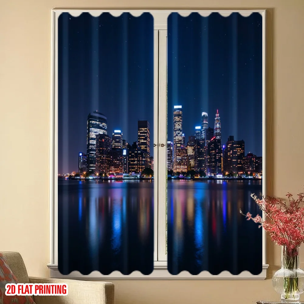 2-piece set of urban night scene printing, pole bag design, suitable for bedrooms and living rooms, made of polyester fabric