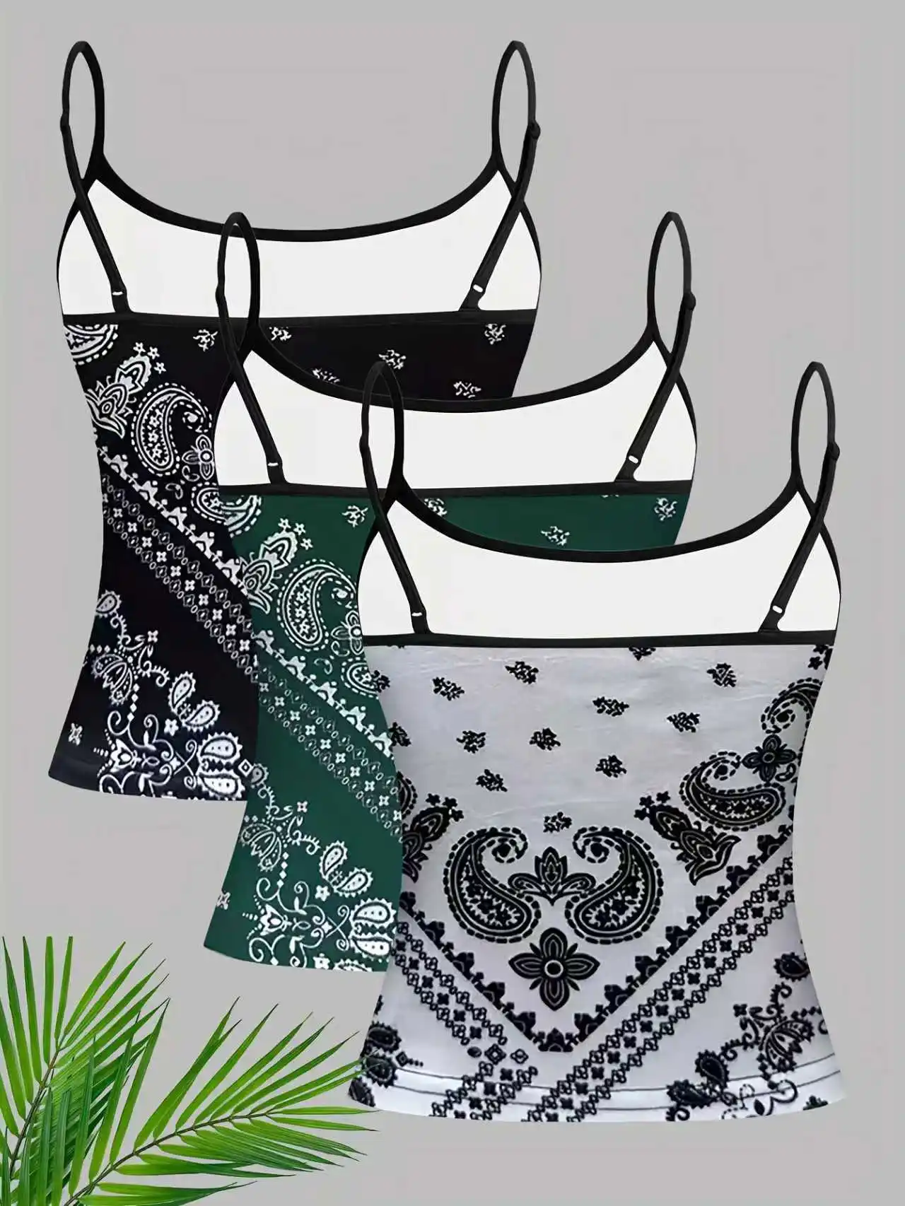 Women Paisley Print Spaghetti Strap Cami Top 3 Pack Casual Sleeveless Form Fitting Tank Top Set