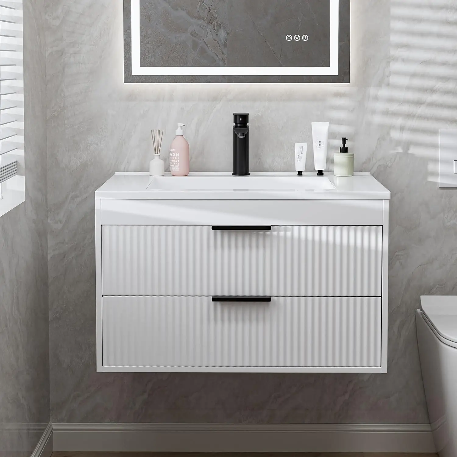 24 Modern Wall Mounted Floating Cabinet with Double Drawer Black Handle Bathroom Vanity with White Resin Sink
