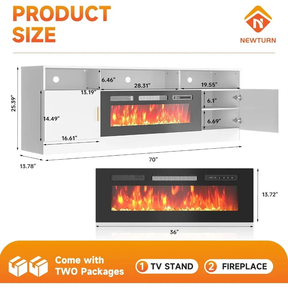 Suporte de TV com lareira elétrica de 70 "com lareira elétrica de 36 polegadas com capacidade de TV de até 80 polegadas Luzes LED e armazenamento de entretenimento C