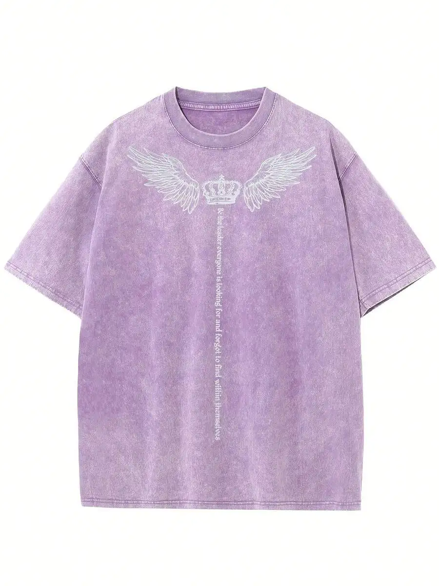 

Oversized Cotton Drop Shoulder T-Shirt With Angel Wings Crown Print Vintage Streetwear Tee