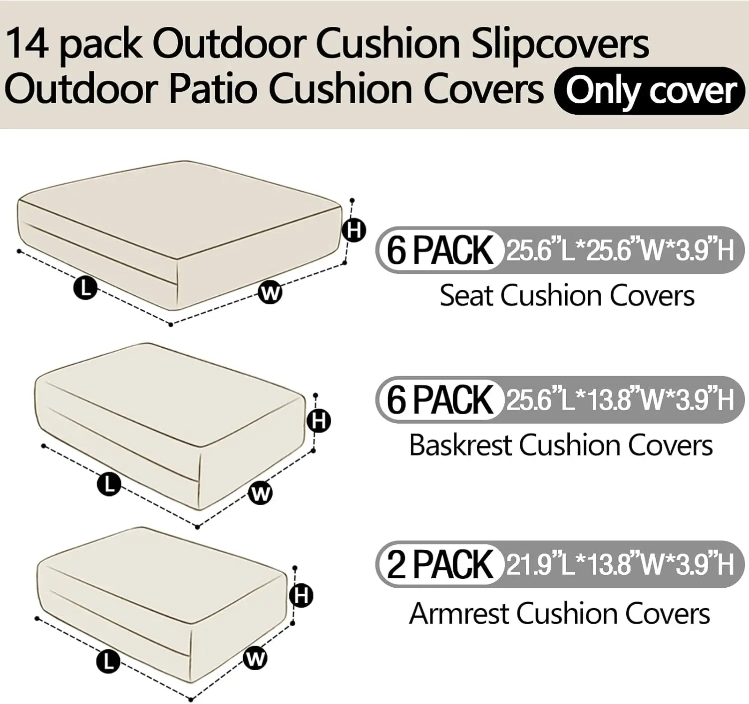 

14Pieces Patio Cushion Covers Replacement,Outdoor Couch Cushions Covers Waterproof Furniture (Beige, 25.6×25.6×3.94inches)