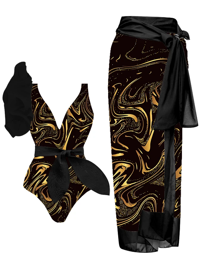 

Gold Print One-pieces Swimsuits & Cover-upsBlack Gold Shading Print Tunic Triangle Cover Bikini Elegant Fashion Design