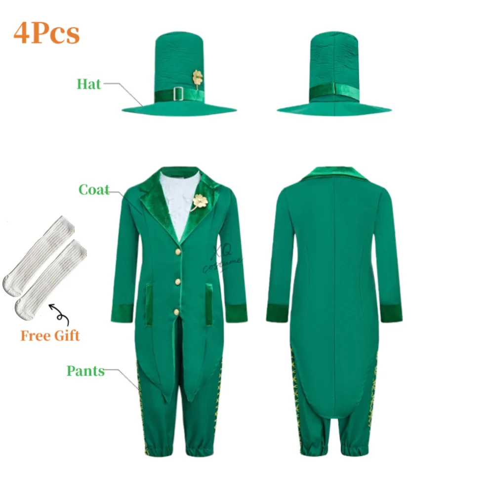 

Kids St. Patrick's Day Cosplay Costume Children Party Performance Role Play Green Suit and Dress with Hats for Holiday
