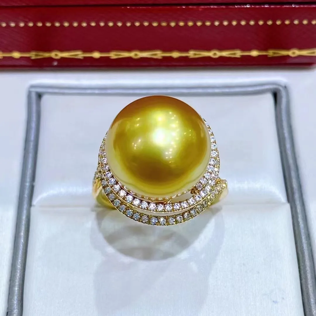 

D2023 Fine Jewelry 18K Gold Natural South Ocean Sea Golden Pearls 13-14mm Rings for Women Fine Pearls Rings