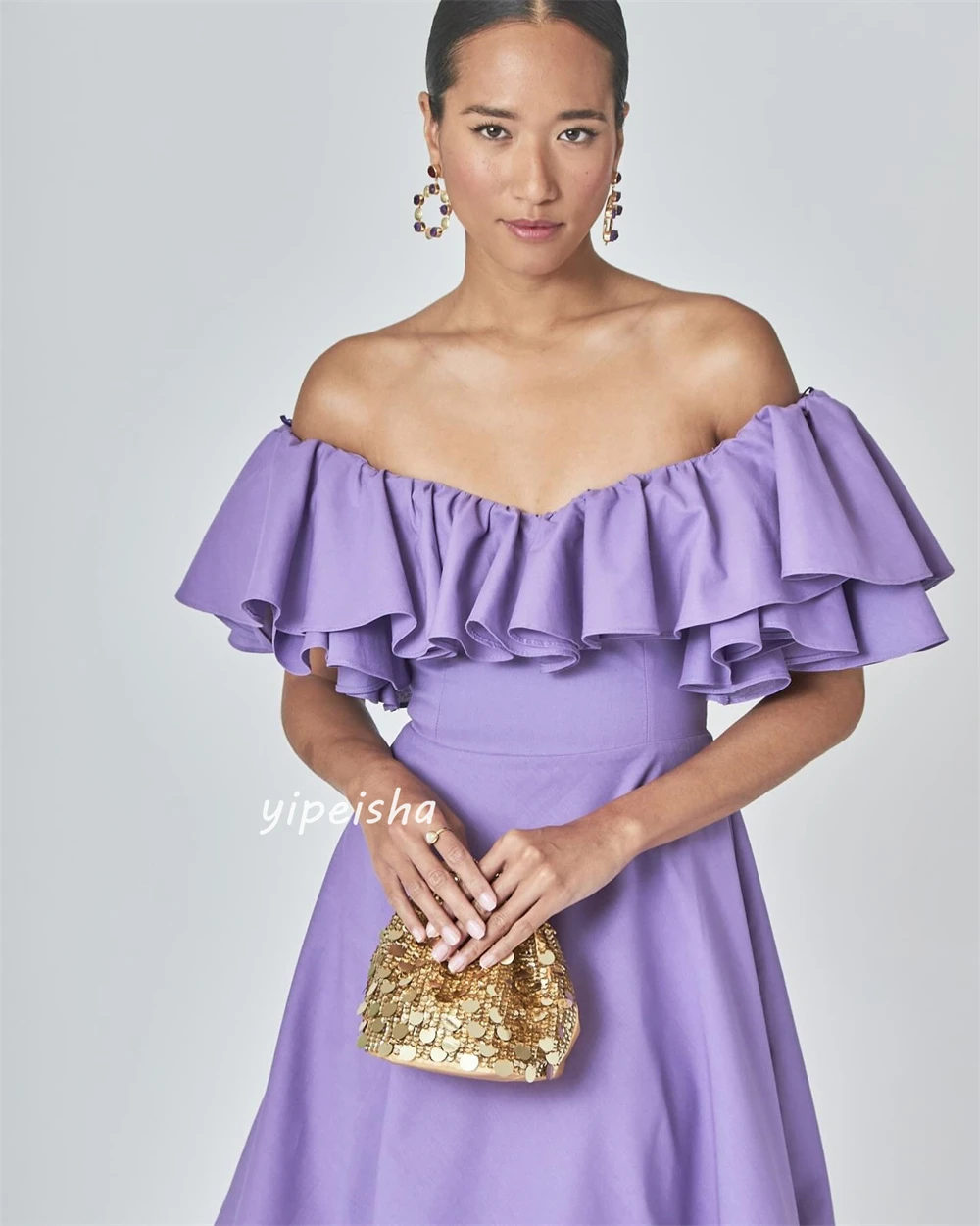 Gaun Prom malam Arab Saudi Jersey terbungkus Pleat Ruched pantai A-line Off-the-shoulder Bespoke gaun acara gaun Midi