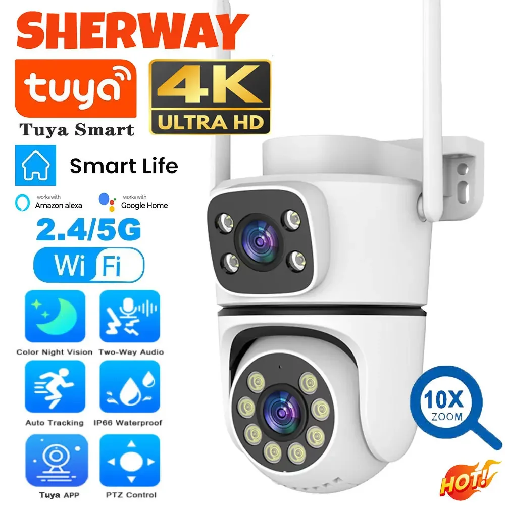 10MP Dual Lens Tuya Wifi Camera PTZ Outdoor Dual Screen 10X Digital Zoom Human Detection Wireless Security Camera Surveillance