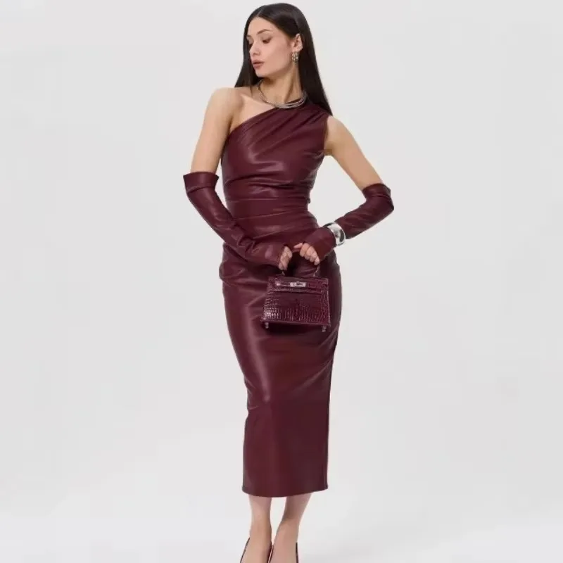 

Tuularose Backless Leather Dress Women Sexy Tight Wrap Slit Pleated Long Party Dress Solid High Waist Vintage PU Leather Dresses