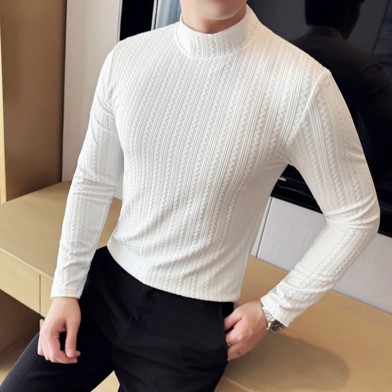 High Quality Long Sleeve Men's T-shirt Autumn & Winter Half-High Collar Striped T Shirts for Man Fashion Slim Pullover Tee Tops