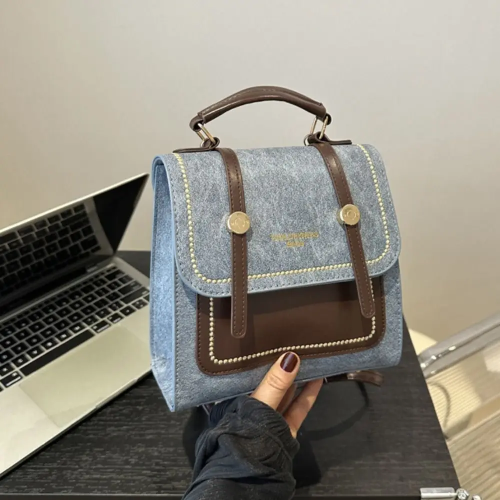 

Casual Large Capacity Retro Backpack Patchwork Color Handbag Pu Leather Backpack Square British Style School Bag Daily