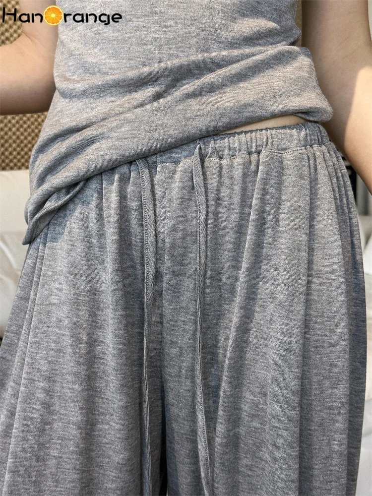 HanOrange 2026 Summer Elastic Drawstring Wide Leg Pants Women Loose Drop Feel Trousers gray