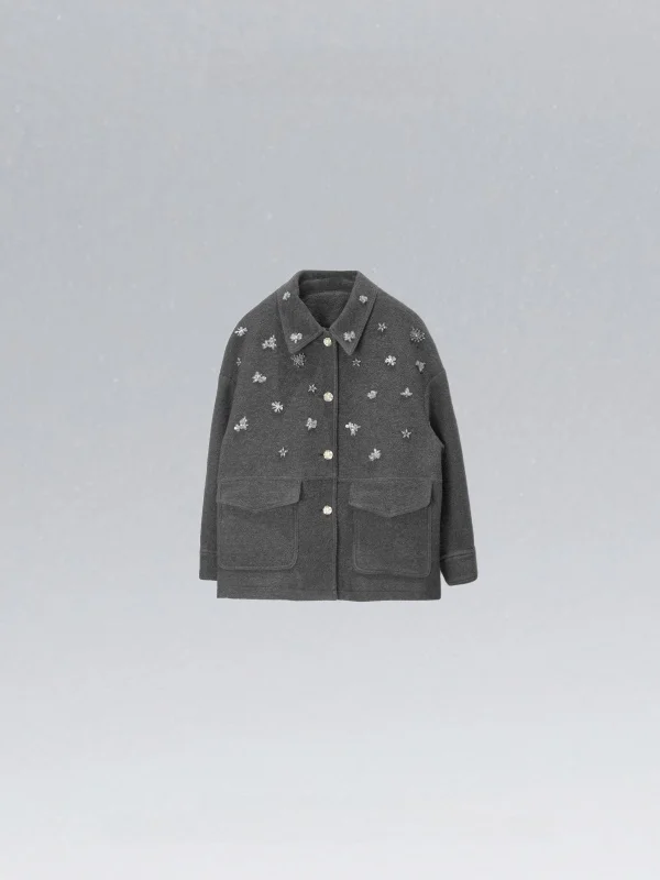 

DEDM•STUDIO Роскошное тихое шерстяное пальто средней длины с отложным воротником и бисерной отделкой, женская модная зимняя верхняя одежда