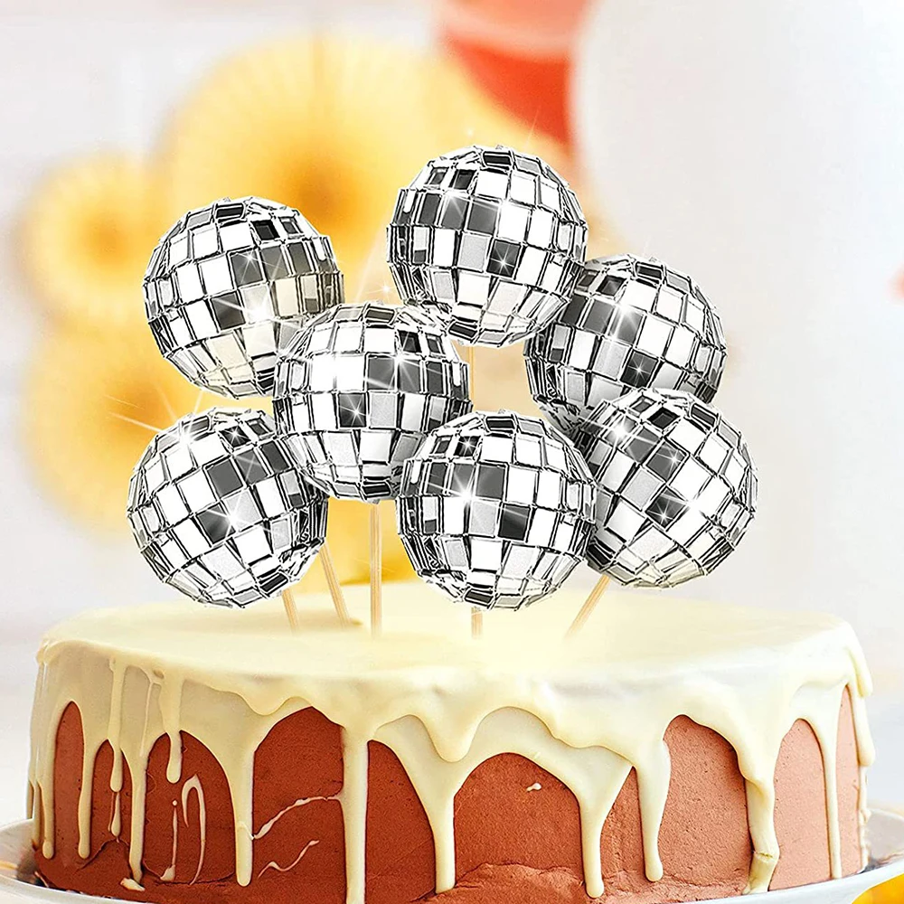 12pcs Mirror Ball Cake Decoration Disco 70\'s 80 Retro Dance Disco Silver Golden Cake Topper Cupcake Birthday Party Club Supplies