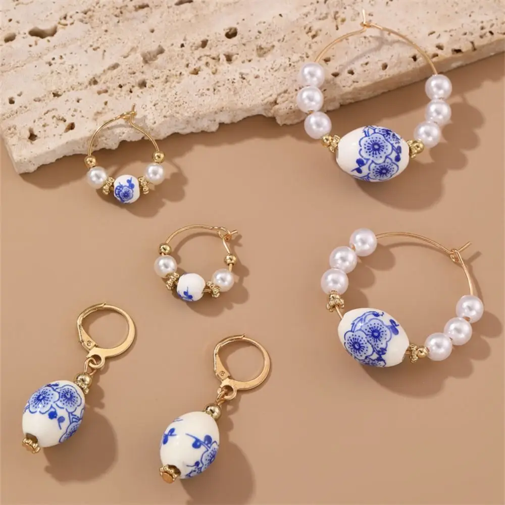 Ceramics Pearl Dangle Earring Bohemia Earrings Rice Bead Blue and White Porcelain Earrings Tassel Korean Style