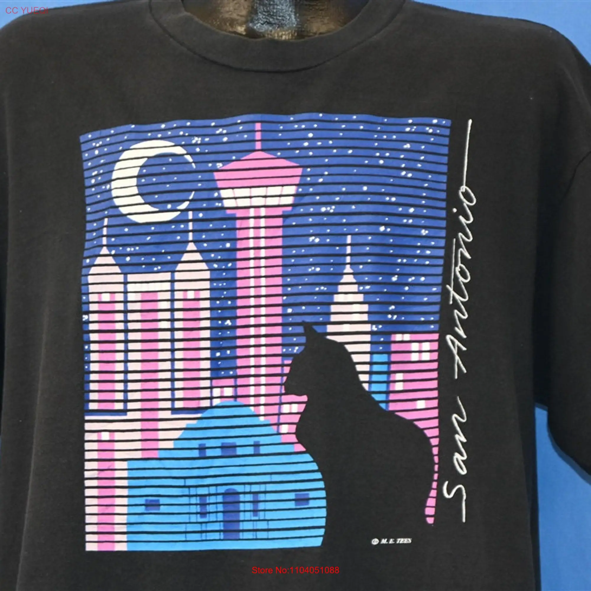 90s San Antonio Texas Night Sky Cityscape Cat Crescent Moon Souvenir t shirt Extra Large long or short sleeves