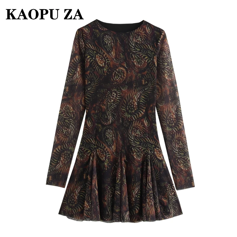 KAOPU ZA 2024 New Autumn Woman Casual Fashion O-Collar Long Sleeve Dress Mini Skirt Female Vintage Print Ruffles Ruched Dresses