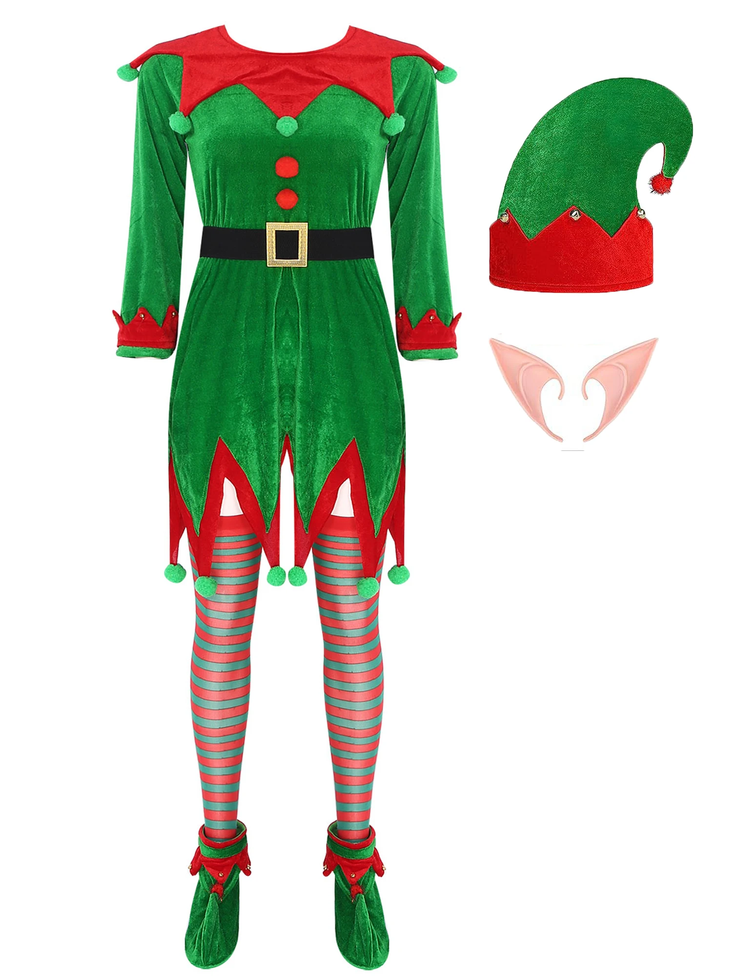 Adult Unisex Christmas Elf Costume Full Set Xmas Elves Santa Helper Fancy Dress Outfits Carnival Party New Year Fancy Clothes