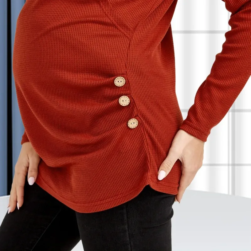 ربيع الخريف جديد لينة ومريحة الحوامل أسفل أعلى للرضاعة الطبيعية النبيذ الأحمر بلون جولة الرقبة طويلة الأكمام تي شيرت