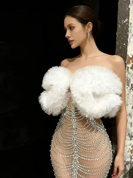 

Sparkly Rhinestones White Sheer Strapless Birthday Celebrate Evening Prom Long Dress for Women Sexy Transparent Photo Shoot Wear
