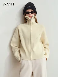 Amii Minimalist 2024 Winter Women's Clothing Color Ribbed Lapel Zipper Wool Cardigan Loose Casual Shoulder Sleeve Tops 12444248