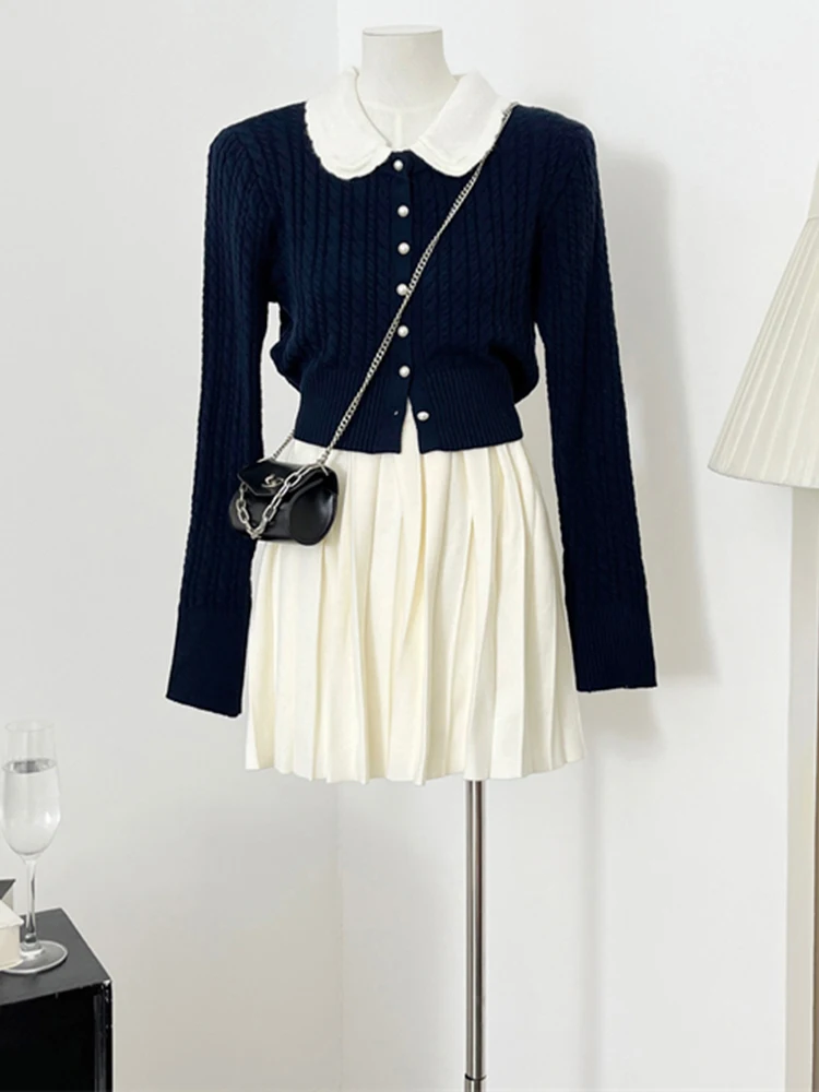 [oein] CloudSweet White Cloud Sweet Miu Series Good Girl Collar Sweater+pleated Knitted Skirt Set